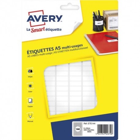 AVERY Sachet de 2304 étiquettes multi-usage blanches 8 x 20 mm. Planche format A5. ETE144