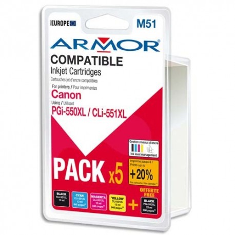 Pack de 5 Cartouches d'Encre Compatibles Canon PGI-550XL - CLI-551XL